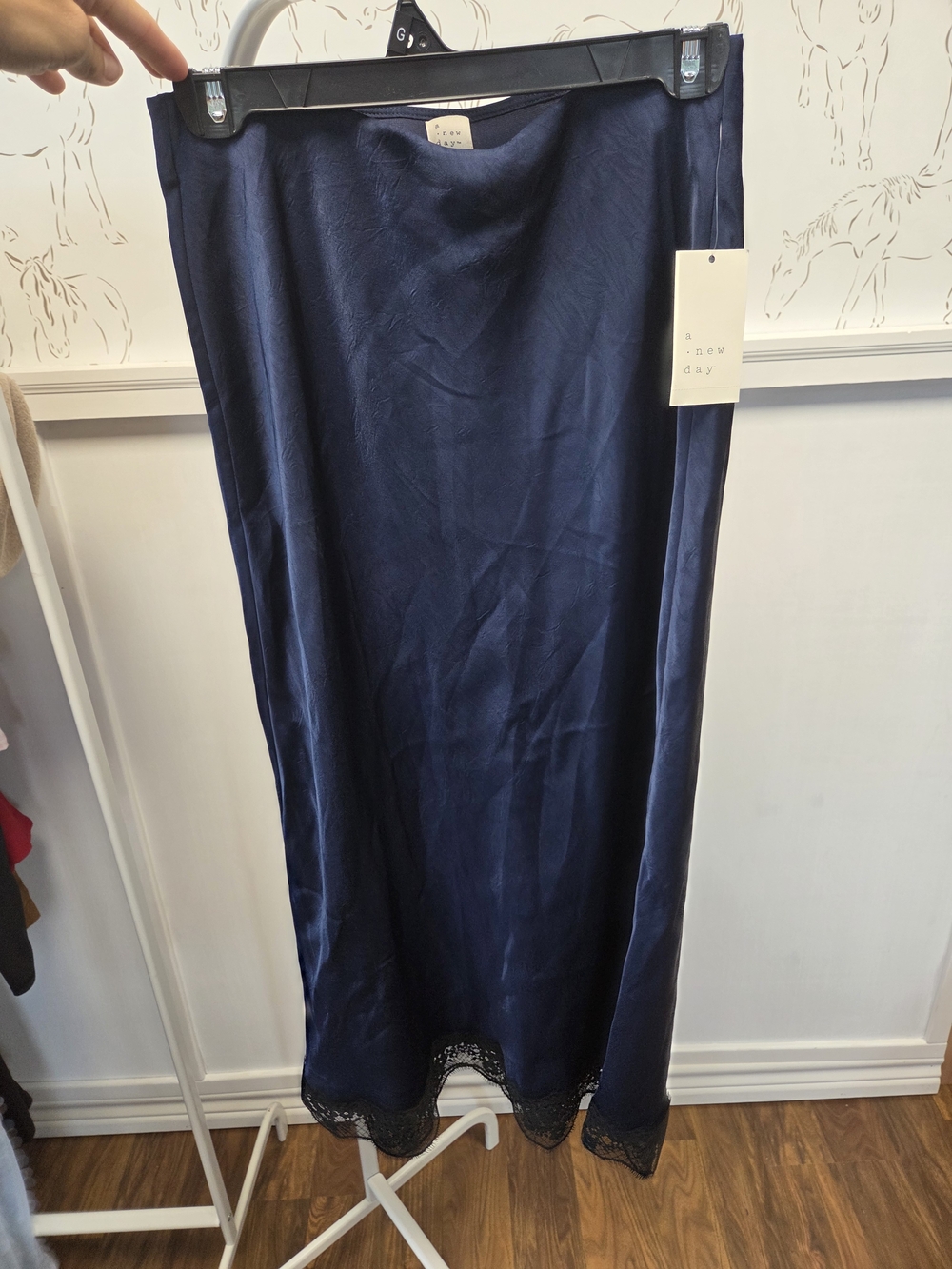a new day Navy Satin Maxi Skirt with Lace Hem